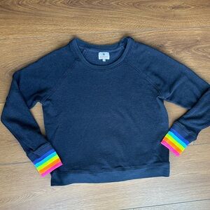 Sundry Navy Crew Sweater with Rainbow Cuffs so soft.
